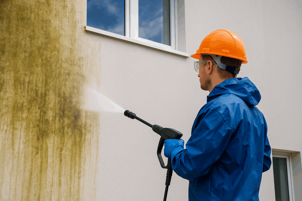 Technicien TERAS nettoyant une façade en crépi au nettoyeur haute pression à Bruxelles