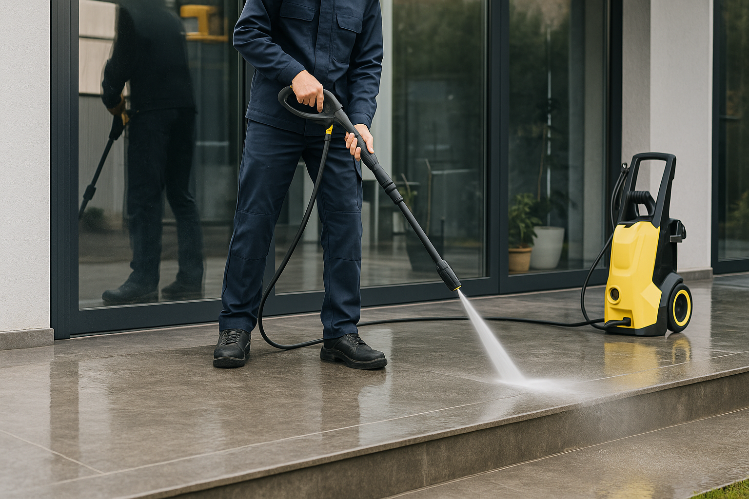 Technicien TERAS nettoyant une terrasse au karcher haute pression à Bruxelles